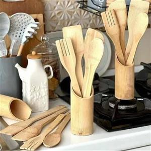 سرویس کفگیر  چوبی بامبو استند دار 5 پارچه