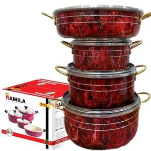 سرویس قابلمه زنبوری قرمز مارک رامیلا خرید و قیمت تولیدی ارزان -aluminium cookware factory made in iran 