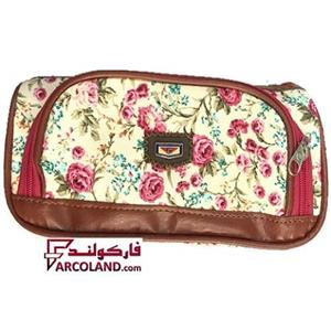 جامدادی پارچه ای متین کد 3-303 طرح گل کرمی رنگ | Matin pencil case | سه زیپ