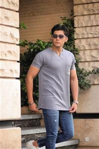 تیشرت یقه کوبایی طوسی