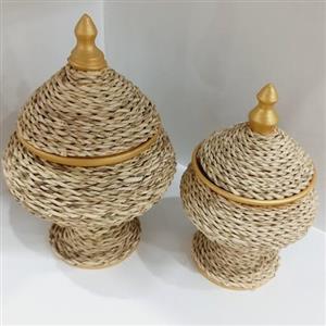 شکلات خوری یا آجیل خوری سفال کار شده با حصیر طبیعی 