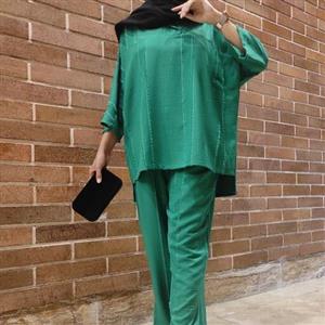 مانتو و شلوار چاکدار اسپرت ریشه ای  رنگ سبز سیدی  کالکشن 1402