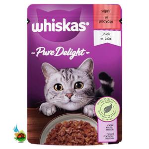 پوچ گربه بالغ ویسکاس با طعم گوشت در ژله Whiskas pure delight with beef in jelly وزن ۸۵ گرم 