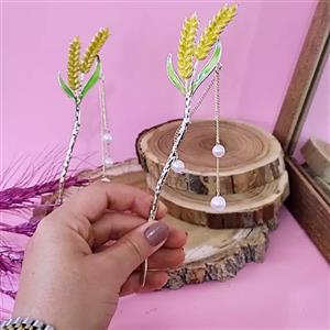 گیره مو مدل کانزاشی (گیره ژاپنی ) فلزی آویزدار طرح خوشه گندم مینا کاری شده (غرفه آریلار)