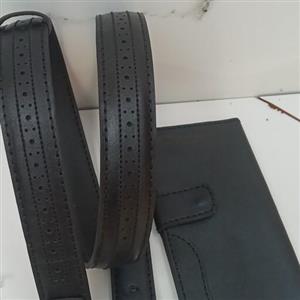 ست مردانه کیف کتی کمربند طرح دار چرم گاوی