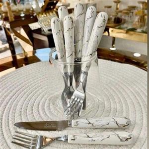 کارد و چنگال دسته سرامیکی ماربل با خط های طلایی 12 عددی 6 کارد و 6 چنگال