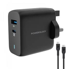 شارژر دیواری فست شارژ تایپ سی و یو اس بی 63 وات پاورولوژی Powerology Ultra-Quick Charging Adapter PWCUQC004