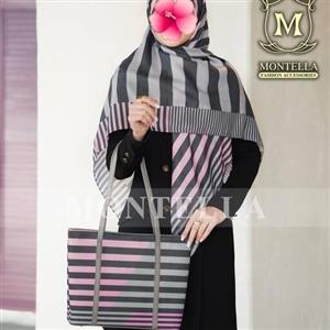 ست کیف و روسری  مونتلا راه راه طوسی صورتی کیف بزرگ