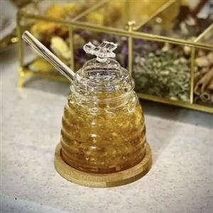 ظرف عسل خوری پیرکس بزرگ همراه با قاشق عسل پیرکس و زیره چوبی طرح مادام کوکو