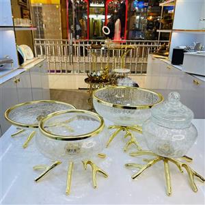 سرویس پذیرایی طلایی براق شیشه ترک پایه آلومینیوم کد j400