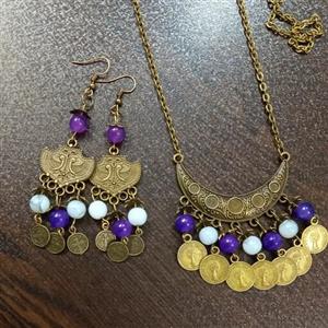 نیم ست سنتی طرح زیرخاکی برنزی با مهره های سنگی و رنگ ثابت و بدون حساسیت