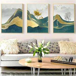 تابلو دکوراتیو کوه های سبز وطلای سه تکه سایز هر تکه 60در40