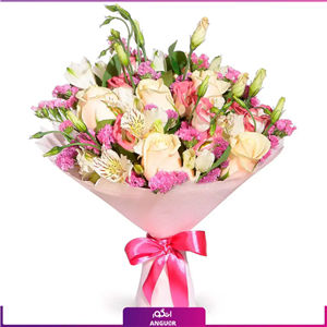 دسته گل ترکیبی (لیسیانتوس، رز، آلسترومریا، زنبوری)