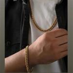 دستبند و گردنبند کارتیر دوبل طلایی استیل مردانه رنگ ثابت ضدحساسیت