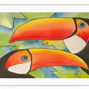 تابلو نقاشی آبرنگ نقش رنگ مدل پرنده-کودک S142 اندازه 30x20x2