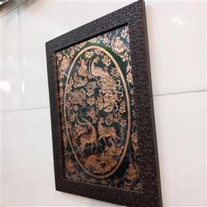 تابلو دیوارکوب مسی مستطیل طرح شکارگاه شیشه دار و قاب زیبا