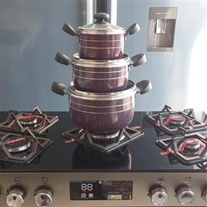 سرویس قابلمه چدن گرانیت زنبوری اعلا( سه قابلمه زنبوری 6 پارچ ) ضخیم با درب پیرکس سایز های 22،18،14