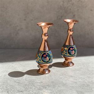 گلدان صراحی مس و پرداز طرح گل و مرغ سایز 16
