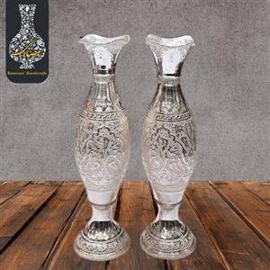 گلدان موشکی قلمزنی گل و مرغ  اعلاء سفید طرح نقره شماره2