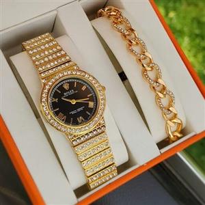 ست ساعت زنانه رولکس با دستبند فول نگین باکیفیت