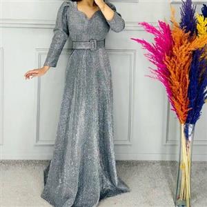 ماکسی مجلسی برلیان کمربند دارد لمه شاین آجری اکلیلی ریزش دار