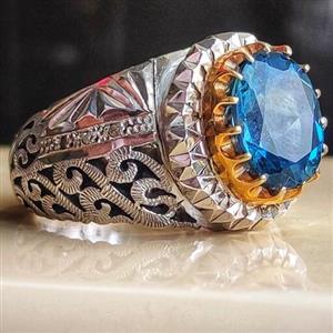 انگشتر نقره توپاز لندنی آبی تمام دست ساز مزین به 6 قطعه الماس اصلی (برلیان) 