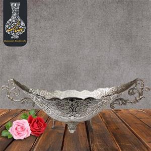 کشکول  آجیل خوری شکلات خوری پایه دار قلمزنی گل ومرغ  اعلاء سفید طرح نقره شماره 3