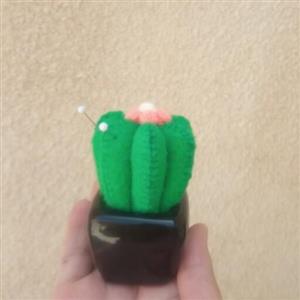 جاسوزنی طرح کاکتوس سایز کوچک دوخته شده با نمد والیاف و گلدان سفالی