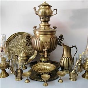 سماور برنجی 6لیتر  ضخیم ذغالی زغالی برنج آنتیک نانو شده با سرویس کل تصویر همه با هم جمعا این قیمت،  سنگین، مهر روس