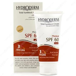 کرم ضد آفتاب SPF60 رنگی مناسب پوست خشک و حساس هیدرودرم 50 میل-بژ روشن hydroderm spf 60 physical total sunblock cream