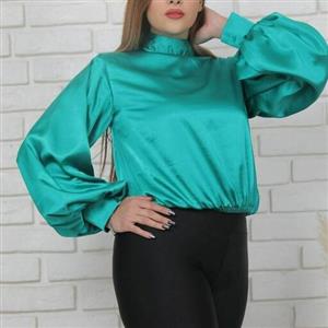 شومیز کراپ مجلسی ساتن قد حدود 50 آستین بلند مچی  سبز آبی ، غازی آستین پفی دلبر زارا