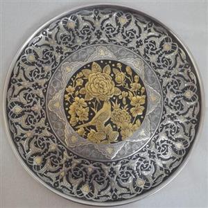 تابلو قلم زنی گل مرغ با نقوش سنتی سینی برنجی قلع شده 40 سانتی 