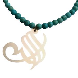 گردنبند دست ساز مهره‌ای با پلاک نقره طرح الله کد 135 