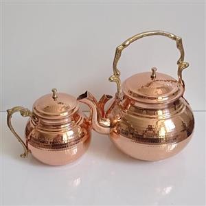 سرویس کتری و قوری مسی گرد دسته برنجی نانو شده زنجان با کیفیت عالی