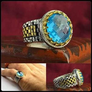 انگشتر توپاز آبی سوئیسی اصلی رکاب رولکسی چنگی  عیار نقره 925ارسال رایگان