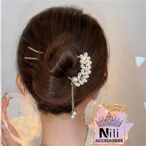 گیره مو زنانه ژاپنی کانزاشی طلایی دوشاخه طرح مرواریدی آویزدار  وارداتی