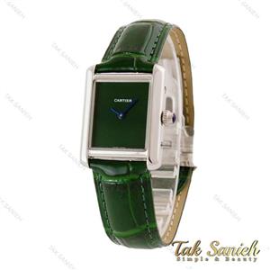 ساعت کارتیر تانک زنانه نقره ای بند چرم سبز Cartier-4838-L