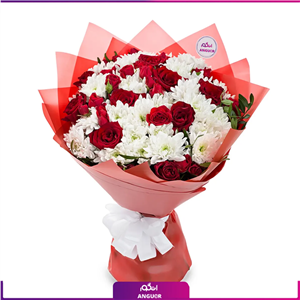 دسته گل داوودی سفید و رز قرمز