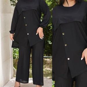 تونیک شلوار جلو دکمه تک رنگ مشکی جنس کرپ .فری سایز از 38 تا 46