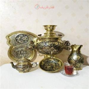 سماور گل مرغ قلمکاری برنجی دست ساز ضخیم سنگین سفارشی سرویس سیاه قلم نانو شده شش لیتری زغالی ذغالی آنتیک قلمزنی جهان نما