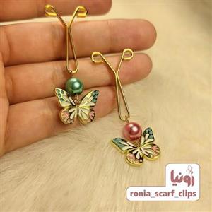 گیره روسری پروانه رونیا رنگ صورتی و فیروزه ای