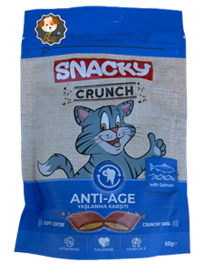 تشویقی گربه کرانچی اسنکی با طعم ماهی سالمون ضد پیری ۶۰ گرمی ـ SNACKY CRUNCH ANTI AGE WITH SALMON 60 GR