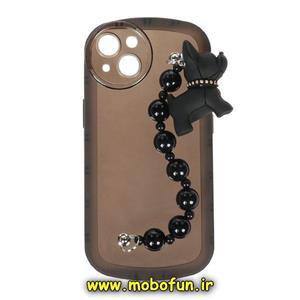 قاب گوشی iPhone 14 آیفون طرح ژله ای شفاف بالشتی عروسکی سگ بولداگ محافظ لنز دار دستبندی مشکی کد 86