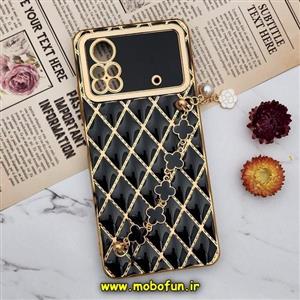 قاب گوشی Poco X4 Pro 5G شیائومی طرح ژله ای پافر لوزی دستبندی مرواریدی گلد لاین دور طلایی محافظ لنز دار مشکی کد 608