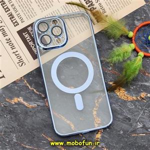 قاب گوشی iPhone 13 Pro Max آیفون طرح الکتروپلیتینگ مگ سیفی ژله ای شفاف اورجینال یونیک کیس Unique Case محافظ لنز دار گلسی آبی کد 502