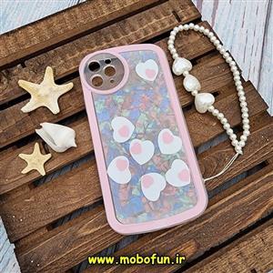 قاب گوشی iPhone 11 Pro Max آیفون طرح ماربل قلبی محافظ لنزدار به همراه آویز مرواریدی رنگ صورتی کد 490