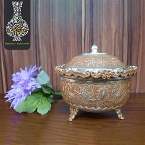 قندان دستساز لب کنگره  بدون دسته  قلمزنی گل و طاووس  اعلاء  طرح نقره