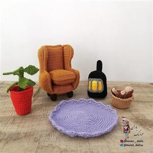 ست مبل یک نفره  بافتنی  شامل مبل گلدان فرش شومینه و هیزم