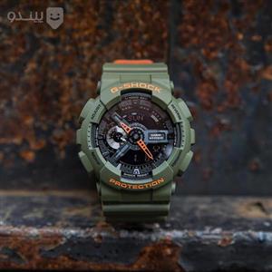 ساعت  مچی جی شاک GA110 سبز لجنی  (جیشاک GShock) ، صد در صد ضدآب ، تنظیم اتوماتیک با پایتخت کشورها ، اتولایت دار