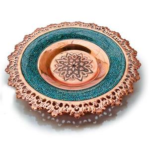 پشقاب سوپر فیروزه کوبی 45 سانتی لب شبکه ای قلم زنی شده مس و فیروزه کوبی نیشابور صنایع دستی سایروس 